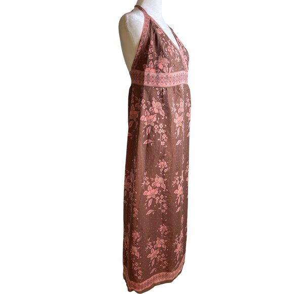Anna Sui Halter Dress Size 8 100% Silk‎ Maxi Lined Floral Print Neutral Bergdorf - Picture 6 of 13